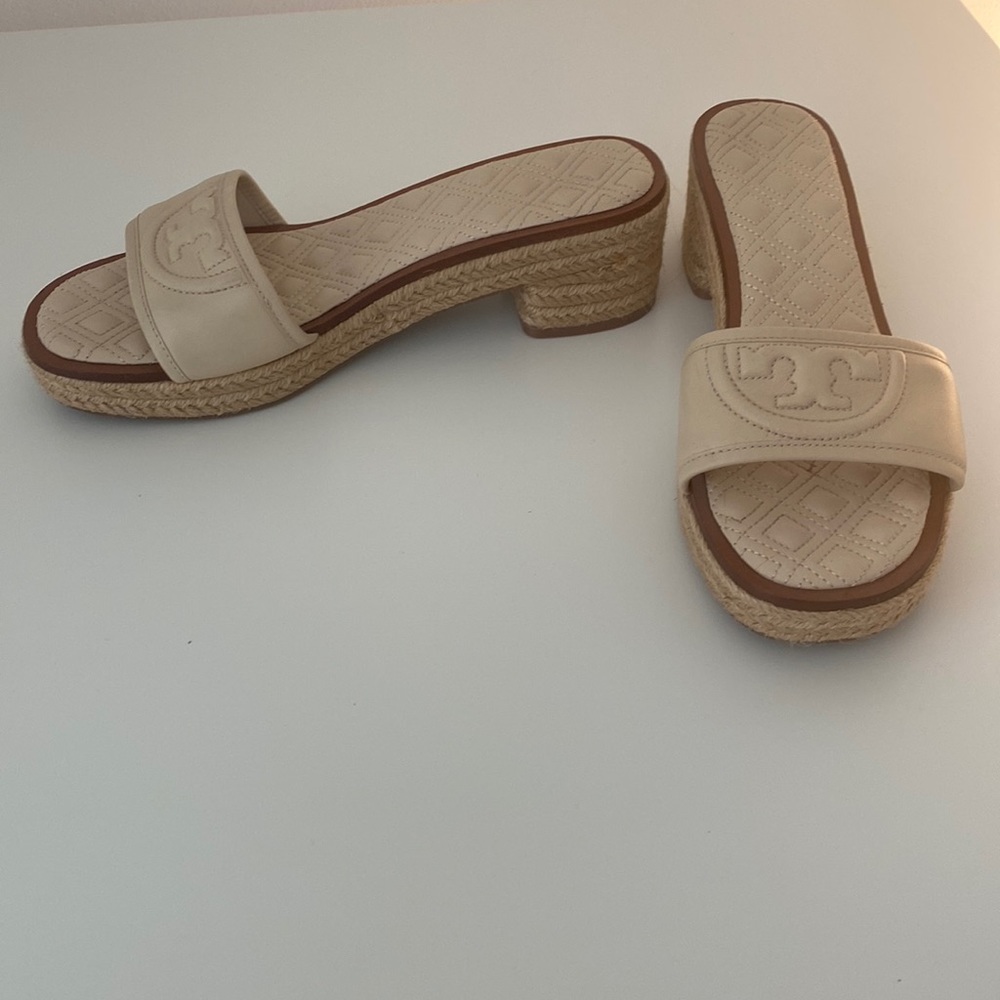 Tory Burch Cream Leather Espadrille Slide Mules